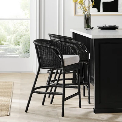 Topanga Counter Stool, Ebony, Performance Basketweave Light Sand Cushion