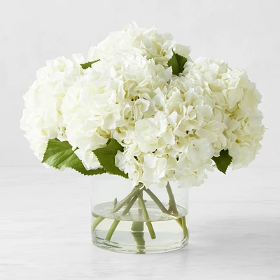 Faux White Hydrangea in Glass Vase