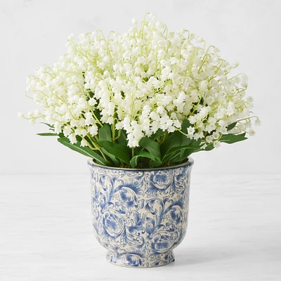 Faux Lily of the Valley Arrangement in Blue & White Pot