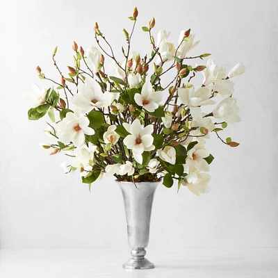 Faux Magnolia Flower & Branch Arrangement in Silver Vase