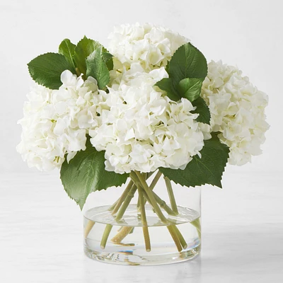 Faux White Hydrangea Arrangement in Glass Vase