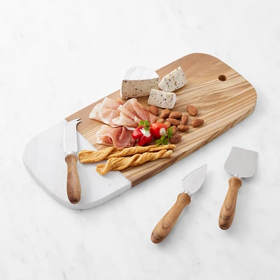 Olivewood & White Marble Rectangular Cheese Board with Cheese Knives