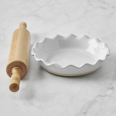 Emile Henry French Ceramic Ruffled Pie Dish & Maple Rolling Pin Set