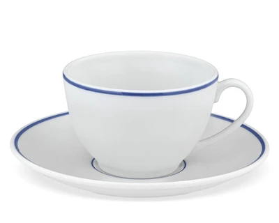 Apilco Tradition Blue-Banded Porcelain Cups & Saucers