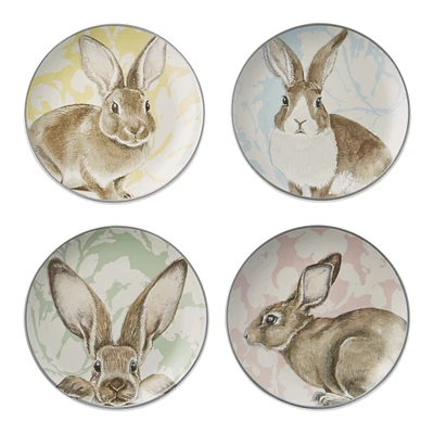 Damask Bunny Mixed Appetizer Plates, Set of 4