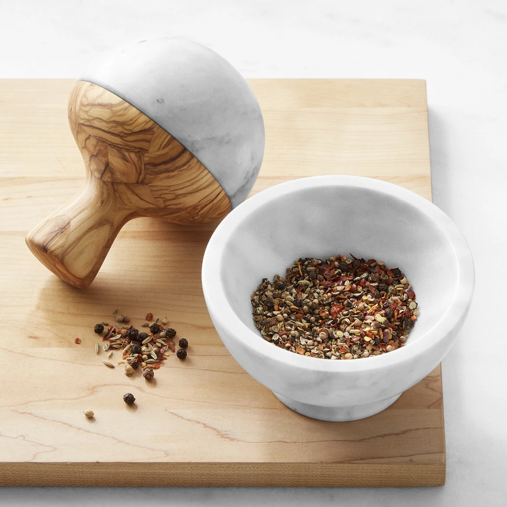 Williams Sonoma White Marble and Olivewood Mortar and Pestle