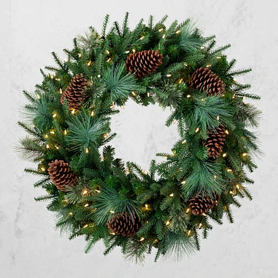 OPEN BOX: Mixed Evergreen Window Pre-Lit Wreath, 22" LED Clear