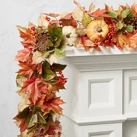 Fall Pumpkin & Maple Leaves UV Protected Faux Wreath & Garland