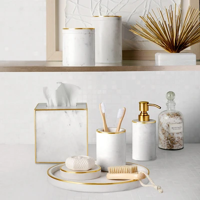 White Marble and Brass Bath Accessories