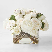 Faux White Rose Arrangement in Square Vase