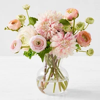 Faux Ranunculus & Dahlia Floral Arrangement in Glass Vase