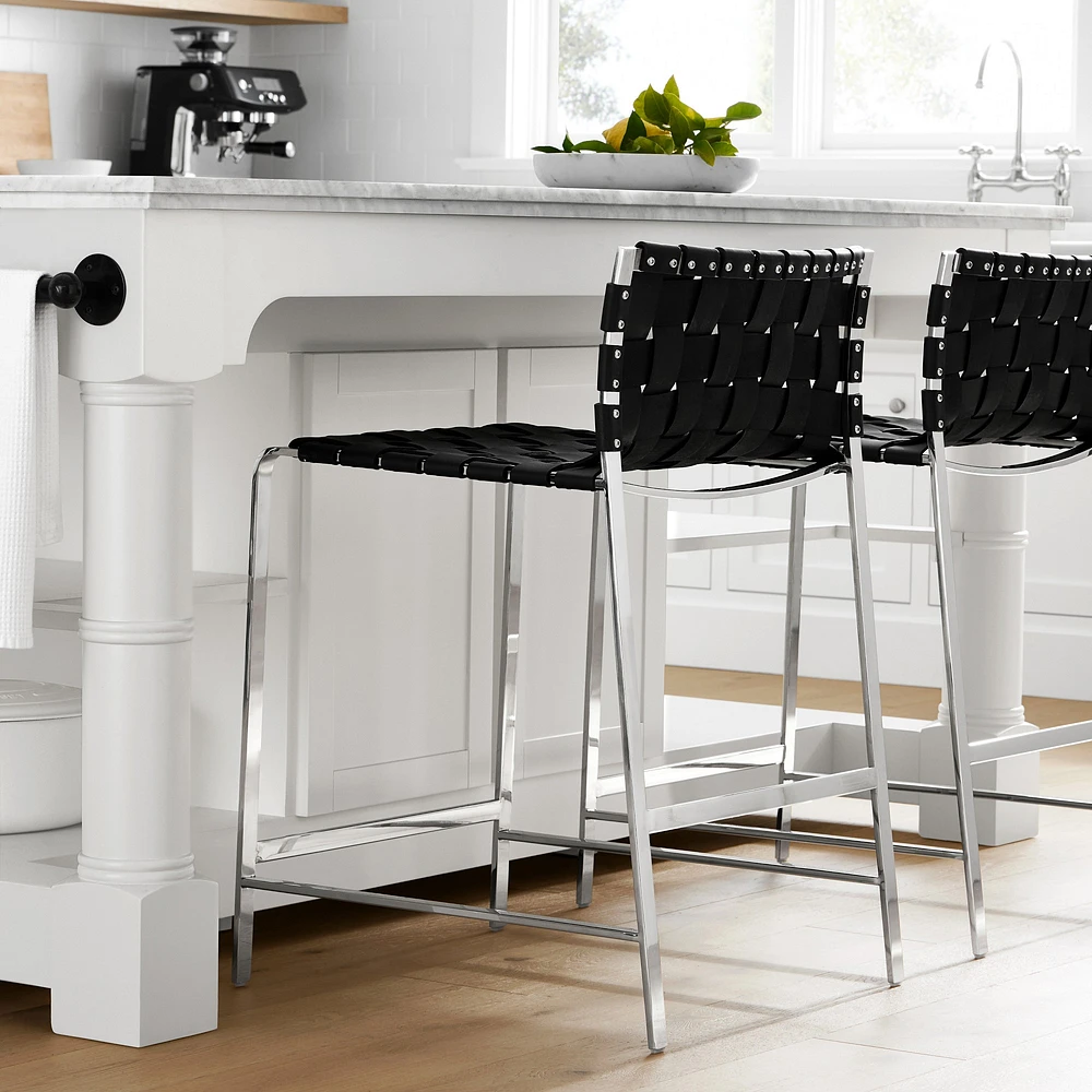 OPEN BOX: Roma Counter Stool, Leather, Black, Polished Stainless Steel