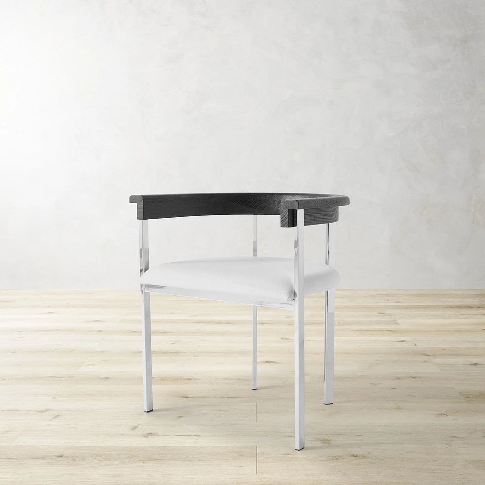 OPEN BOX: Tulip Dining Armchair, Performance Slub Weave, White, Ebony/Polished Nickel Finish