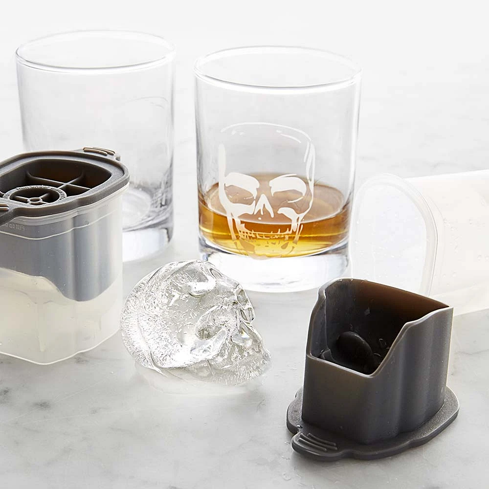 Williams Sonoma Skull Etched Glass & Ice Mold Set