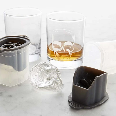 Williams Sonoma Skull Etched Glass & Ice Mold Set