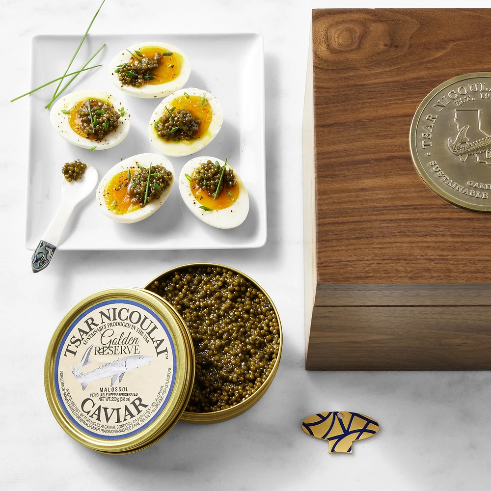 Tsar Nicoulai Golden Reserve Caviar with Custom Walnut Wood Gift Box, 8.82-Oz