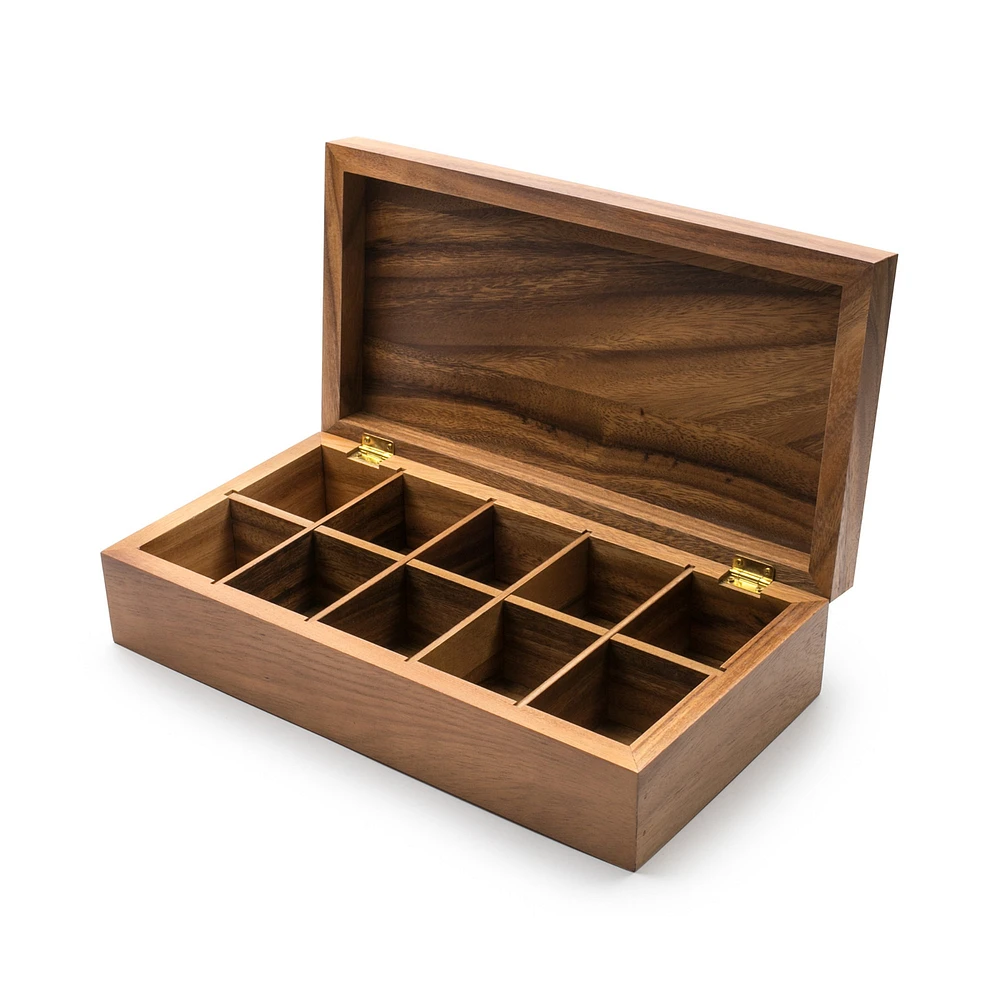 OPEN BOX: 10-Compartment Double Tea Box, Acacia Wood