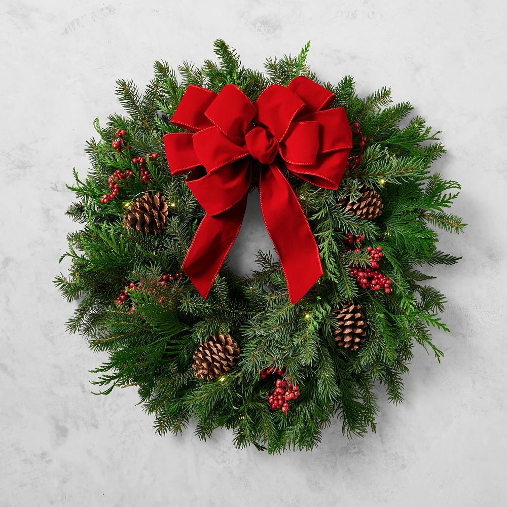 OPEN BOX: Holiday Berry & Pine Live Wreath with Red Velvet Ribbon, 22