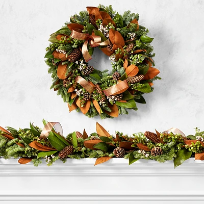 Copper Ribbon Live Wreath & Garland