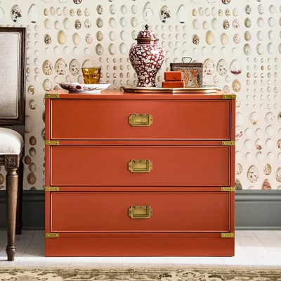 OPEN BOX: Campaign 3 Drawer Nightstand, Persimmon Lacquer, Antique Brass