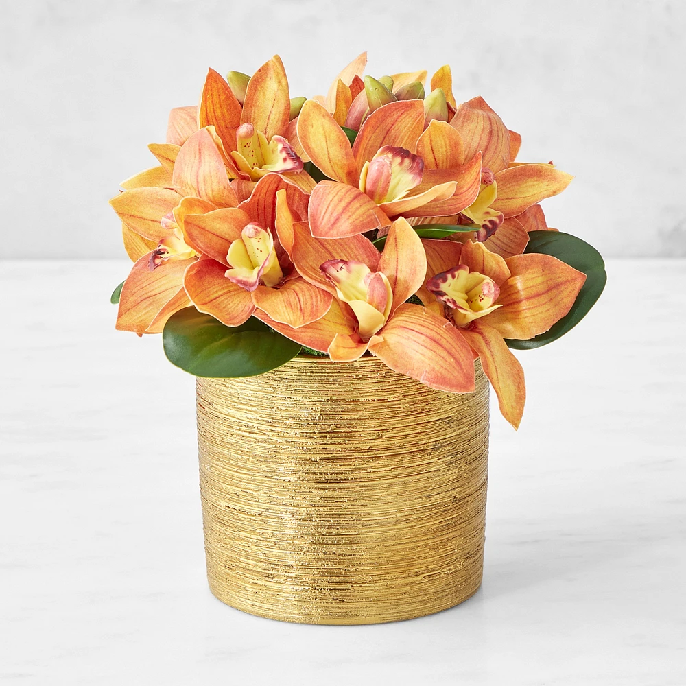 Faux Red Orchid Floral Arrangement in Gold Cachepot