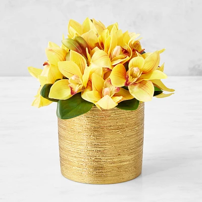 Gold Potted Faux Yellow Orchid Floral Arrangement