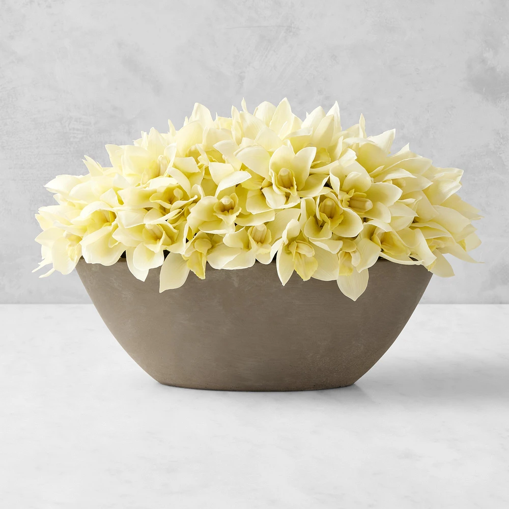 Jeff Leatham x Williams Sonoma Faux White Cymbidium Orchid in Oval Bowl