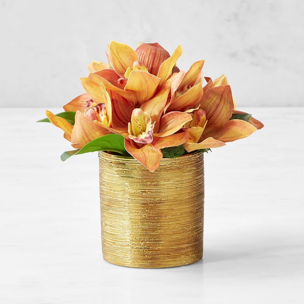 Gold Potted Faux Red Orchid Floral Arrangement, Mini