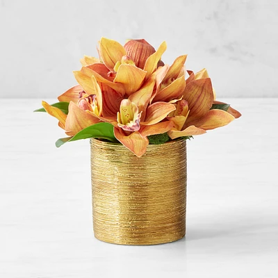 Gold Potted Faux Red Orchid Floral Arrangement, Mini