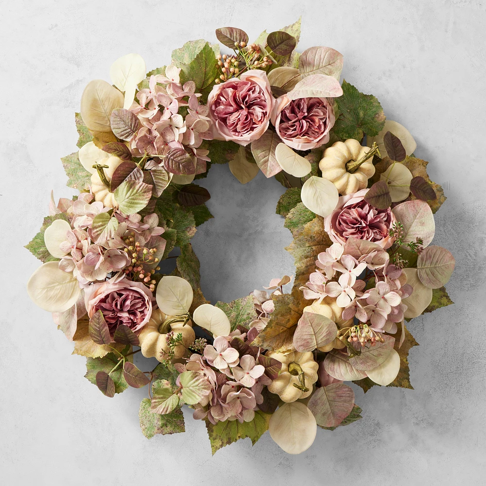 Blush Pumpkin & Floral Faux Wreath, 29"