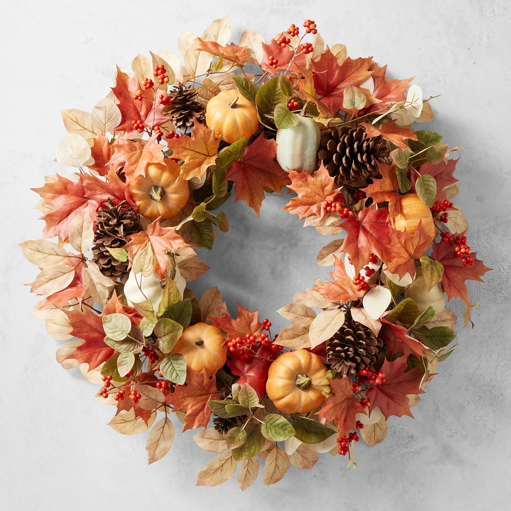 OPEN BOX: Fall Pumpkin & Maple Leaves UV Protected Faux Wreath