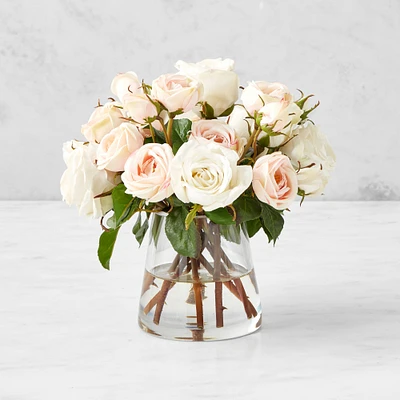 Faux English Rose Floral Arrangement in Glass Vase