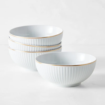 Pillivuyt Plisse Gold Porcelain Cereal Bowls, Set of 4