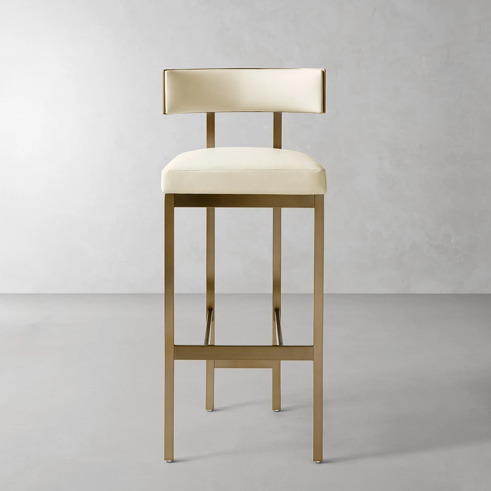 OPEN BOX: Emma Bar Stool, Standard, Performance Vegan Pebbled Leather, Ivory, Antique Brass