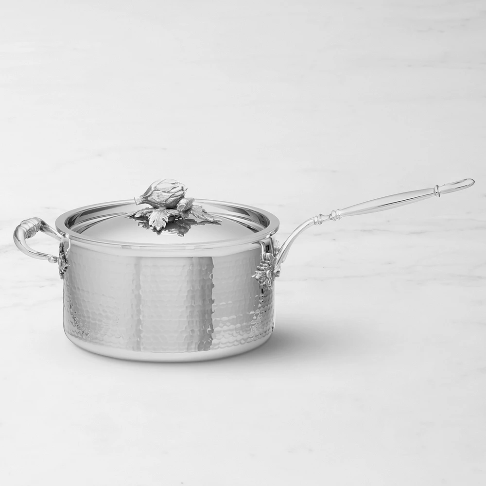 Ruffoni Opus Prima Hammered Stainless-Steel Saucepan with Artichoke Knob, 4-Qt.