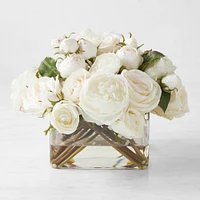 Faux White Rose Arrangement in Square Vase