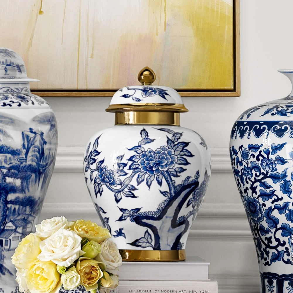 Peony & Hummingbird Ceramic Lidded Ginger Jar