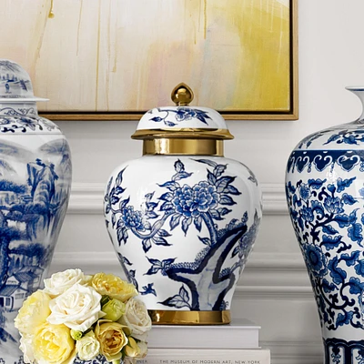 Peony & Hummingbird Ceramic Lidded Ginger Jar