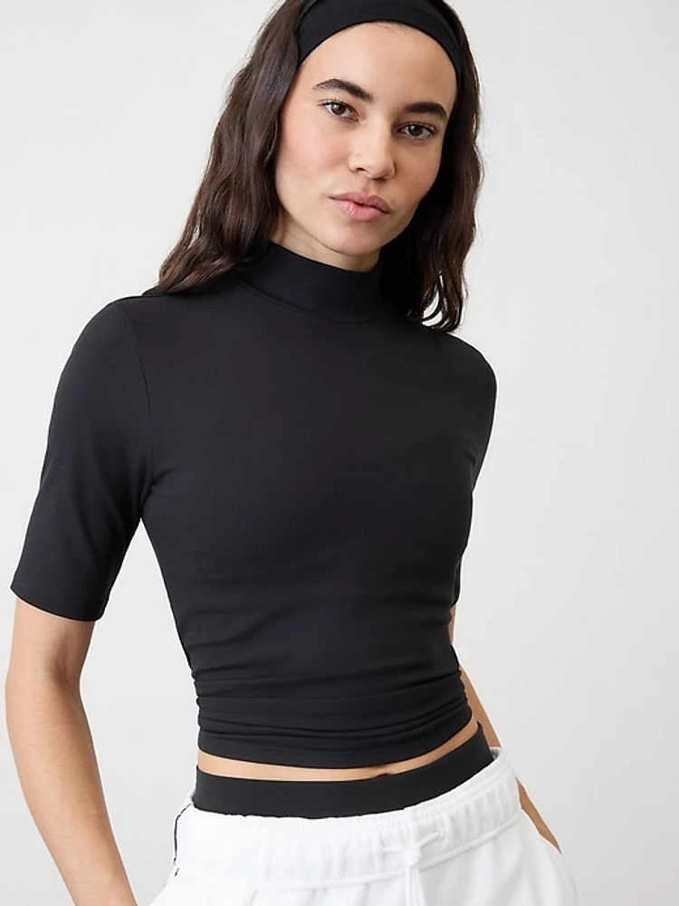 Signature Rib Mock Neck Elbow Sleeve Tee