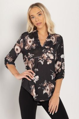 Dark Floral Half-Placket Blouse with Roll-Up Sleeves