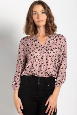 Animal Half Placket Blouse with Roll-Up Sleeves