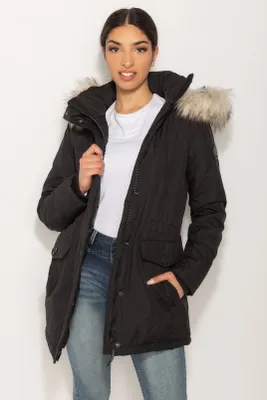 Parka with Flap Pockets and Fur Trim Hood