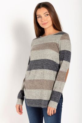 Stripe Plush Sweater with Shirttail Hem and Elbow Patches