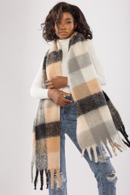 Neutral Plaid Oblong Scarf with Chunky Fringe