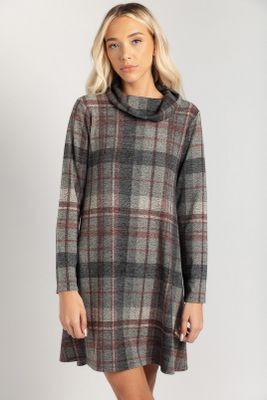 Plaid Hacci Cowl Neck Swing Dress with High Low Hem