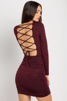 Glitter Long Sleeve Ruched Dress with Lace-Up Back