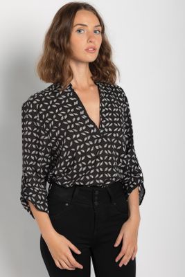 Dark Geo Print Half-Placket Blouse with Roll-Up Sleeves