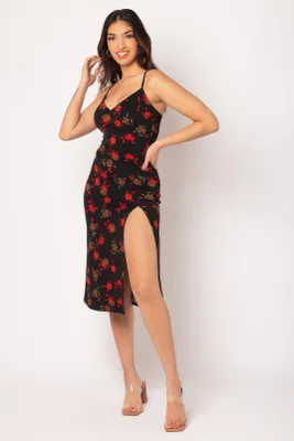 Floral Knit Crepe Spaghetti Strap Midi Dress