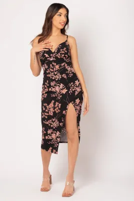 Floral Scuba Crepe Spaghetti Strap Crossover Midi Dress