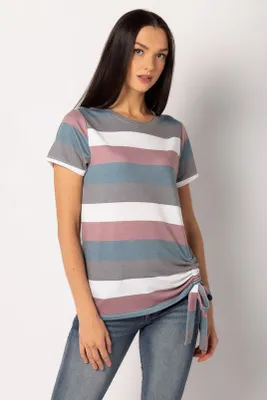 Stripe French Terry T-Shirt with Ruching and Tie